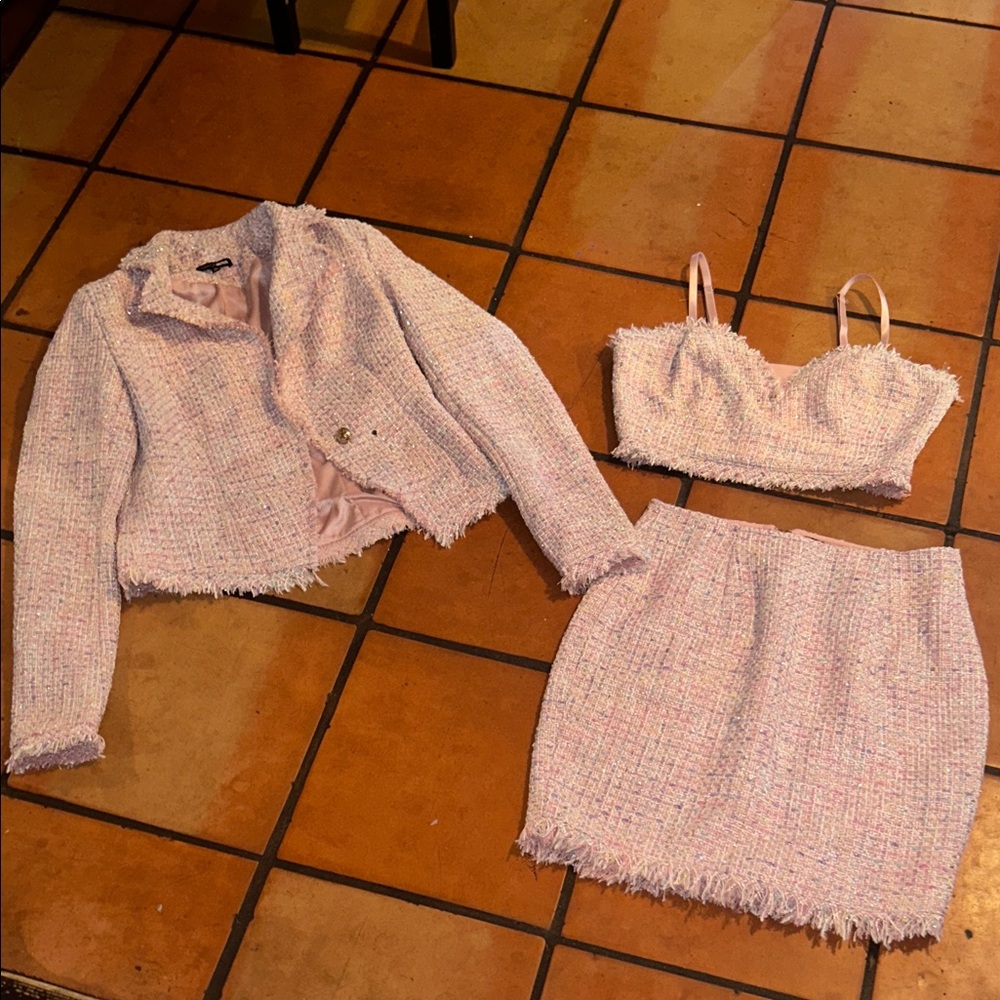 Woven Tweed 3-Piece Crop Jacket, Bralette & Skirt Set - Pink